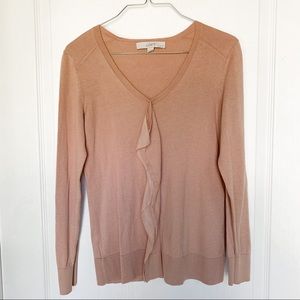 Ann Taylor LOFT Dusty Rose Ruffle V-Neck Cardigan